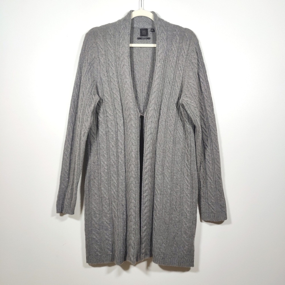 Saks Fifth Avenue Cashmere Cable Knit Long Cardigan XL Gray Quiet Luxury